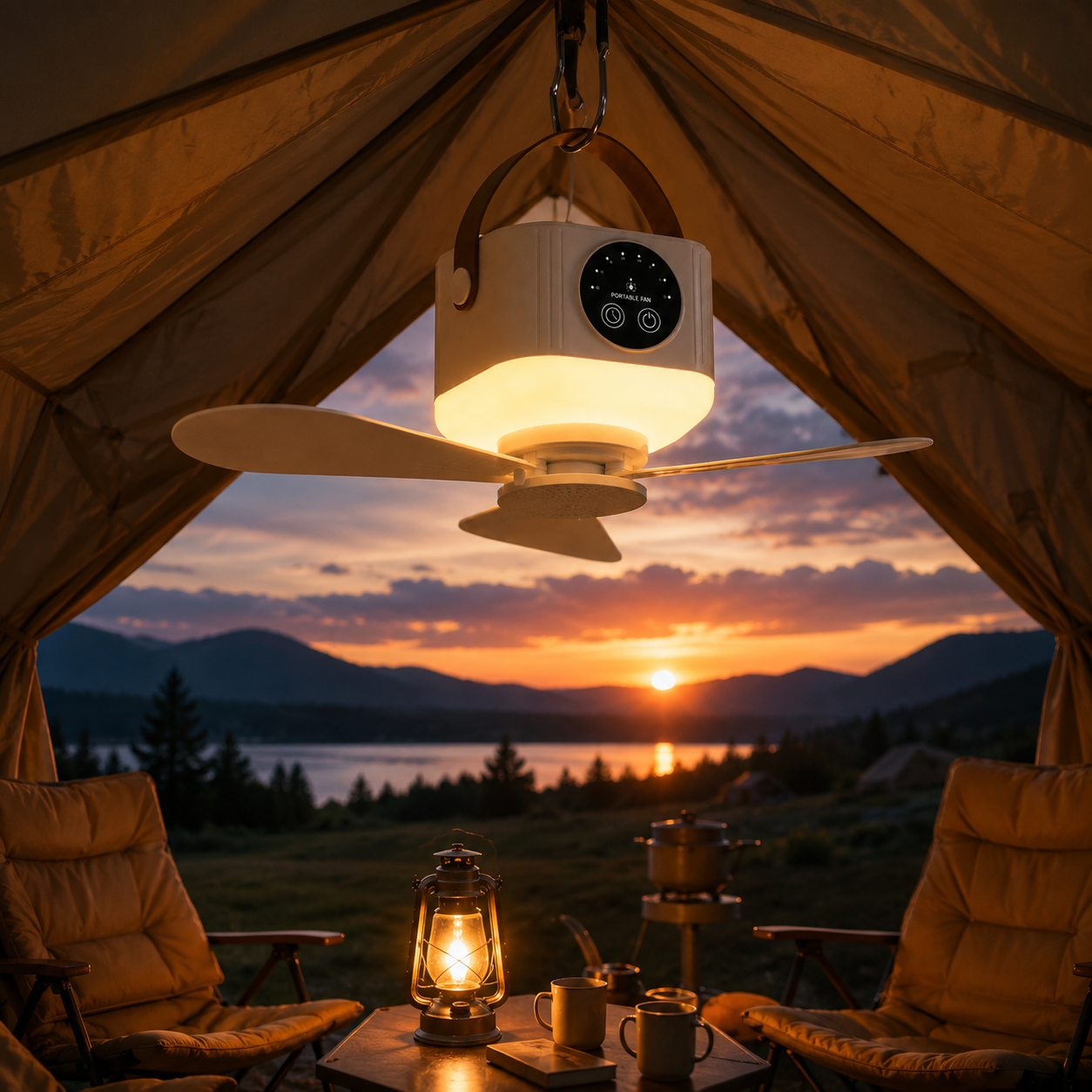 Ventello draadloze plafondventilator met verlichting in een tent tijdens zonsondergang